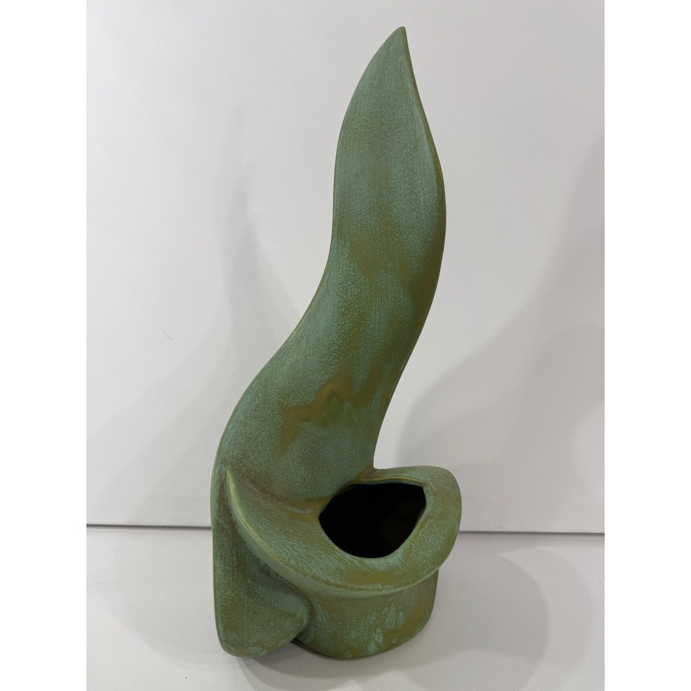 Vintage MCM Bird of Paradise Ceramic Flame Vase Mottled Green